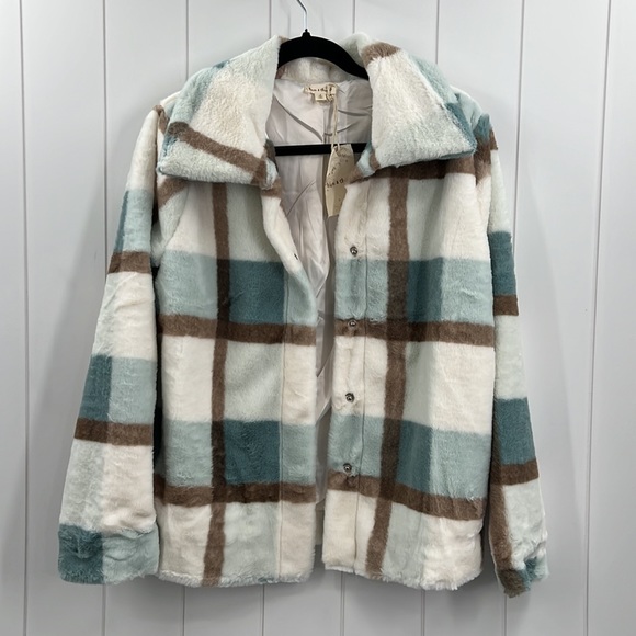 🆕Hem & Thread Fleece Jacket Plaid Colorblock Teal/Robins Egg Blue & Cream NWT - Picture 11 of 13